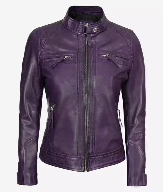 Womens-Top-Lambskin-Leather-Purple-Biker-Jacket
