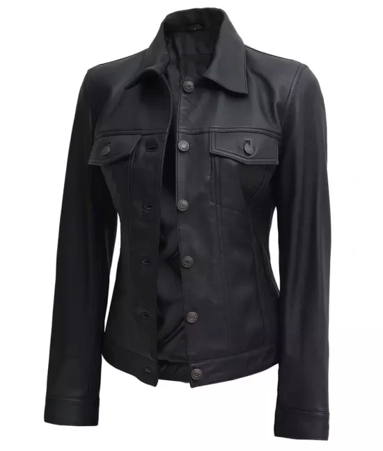 Women's Trucker Black Top Vegan Full Genuine Leather Jacket
