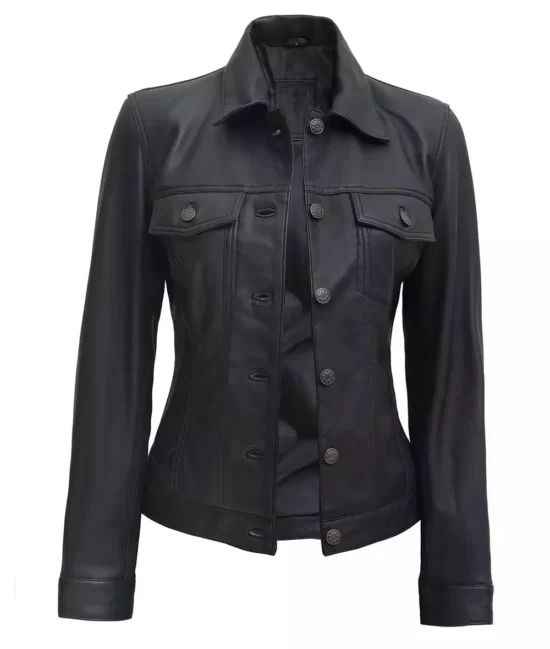 Women's Trucker Black Top Vegan Genuine Leather Jacket