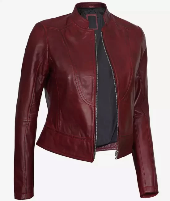 Women's Vegan Genuine Leather Maroon Top Biker Jacke