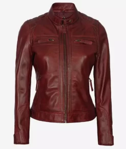 Women,s Vegan Leather Maroon Quilted Motorcycle Jacket
