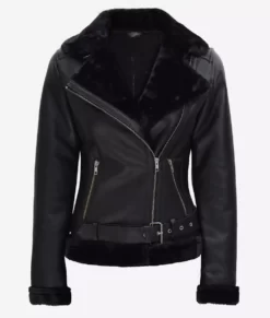 Womne's Agnes Asymmetrical Black Shearling Leather Jacket