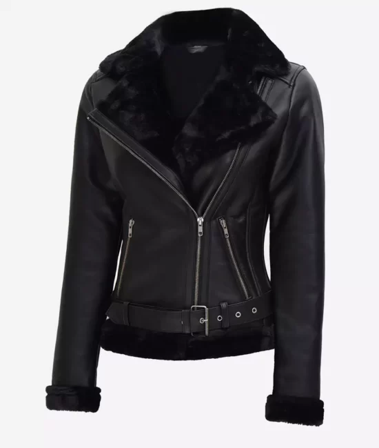 Womne's Agnes Asymmetrical Black Shearling Real Leather Jackets
