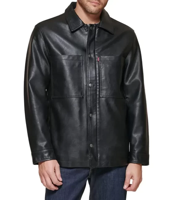 Xavier Men’s Black Boxy Relaxed Leather Trucker Jacket