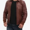 Zavier Men’s Tan Shirt Collar Top Leather Bomber Jacket