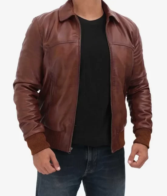 Zavier Men’s Tan Shirt Collar Leather Bomber Jacket