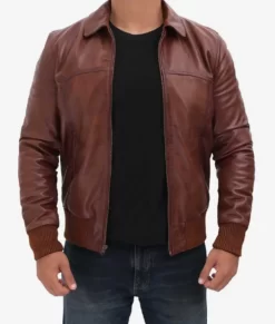 Zavier Men’s Tan Shirt Collar Real Leather Bomber Jacket