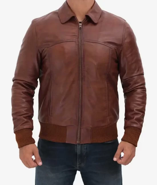 Zavier Men’s Tan Shirt Collar Real Leather Bomber Jacket